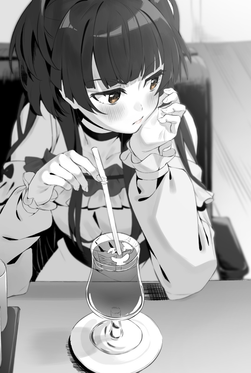 1girl absurdres blunt_bangs blush brown_eyes choker closed_mouth cup drink drinking_glass drinking_straw frilled_shirt frills greyscale head_rest highres idolmaster idolmaster_shiny_colors joker_(tomakin524) long_hair long_sleeves looking_to_the_side mayuzumi_fuyuko monochrome off-shoulder_shirt off_shoulder shirt sitting solo spot_color table two_side_up