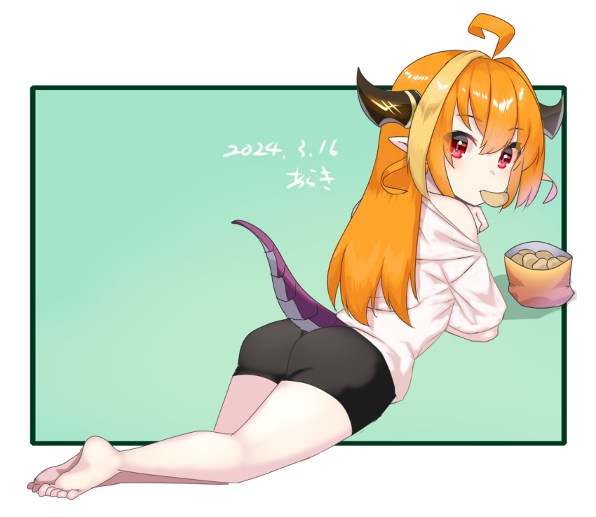 1girl aged_down ahoge araki_(qbthgry) ass barefoot bike_shorts black_shorts brown_hair chips_(food) dragon_girl dragon_horns dragon_tail eating feet food from_behind hololive horns kiryu_coco legs long_hair looking_back lying mouth_hold on_stomach pointy_ears potato_chips red_eyes shirt short_shorts shorts soles solo tail thighs toes virtual_youtuber white_shirt