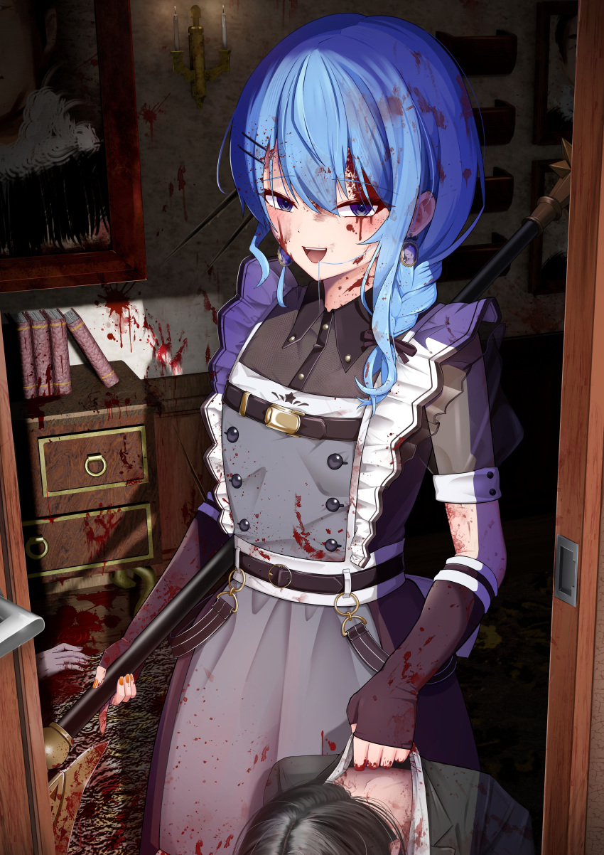 1girl 2others absurdres apron bardiche_(weapon) black_dress black_gloves black_hair blood blood_in_hair blood_on_clothes blood_on_face blood_on_ground blood_on_wall blue_eyes blue_hair braid collared_dress commentary_request corpse death doorway dress feet_out_of_frame fingerless_gloves gloves grey_apron hair_between_eyes hair_ornament hair_over_shoulder hairclip highres hiiragi_melt holding holding_polearm holding_weapon hololive hoshimachi_suisei hoshimachi_suisei_(maid) indoors long_hair looking_at_viewer maid multiple_others official_alternate_costume official_alternate_hairstyle open_door open_mouth painting_(object) polearm pov_doorway short_sleeves side_braid single_braid smile solo_focus standing virtual_youtuber weapon yandere