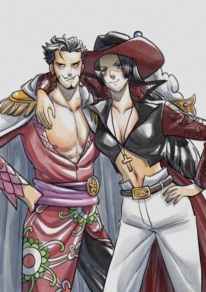 1boy 1girl absurdres arm_around_shoulder belt black_hair blue_eyes boa_hancock boa_hancock_(cosplay) breasts cleavage closed_mouth coat cosplay costume_switch cross cross_pendant dracule_mihawk dracule_mihawk_(cosplay) earrings english_commentary facial_hair hand_on_own_hip hat hat_feather highres huge_breasts jewelry large_breasts long_hair long_sleeves looking_at_viewer manofbeskar midriff mustache navel necklace nipples no_bra one_piece pants pectorals short_hair shoulder_pads skirt smile snake_earrings standing sword very_long_hair weapon white_pants yellow_eyes yoru_(sword)