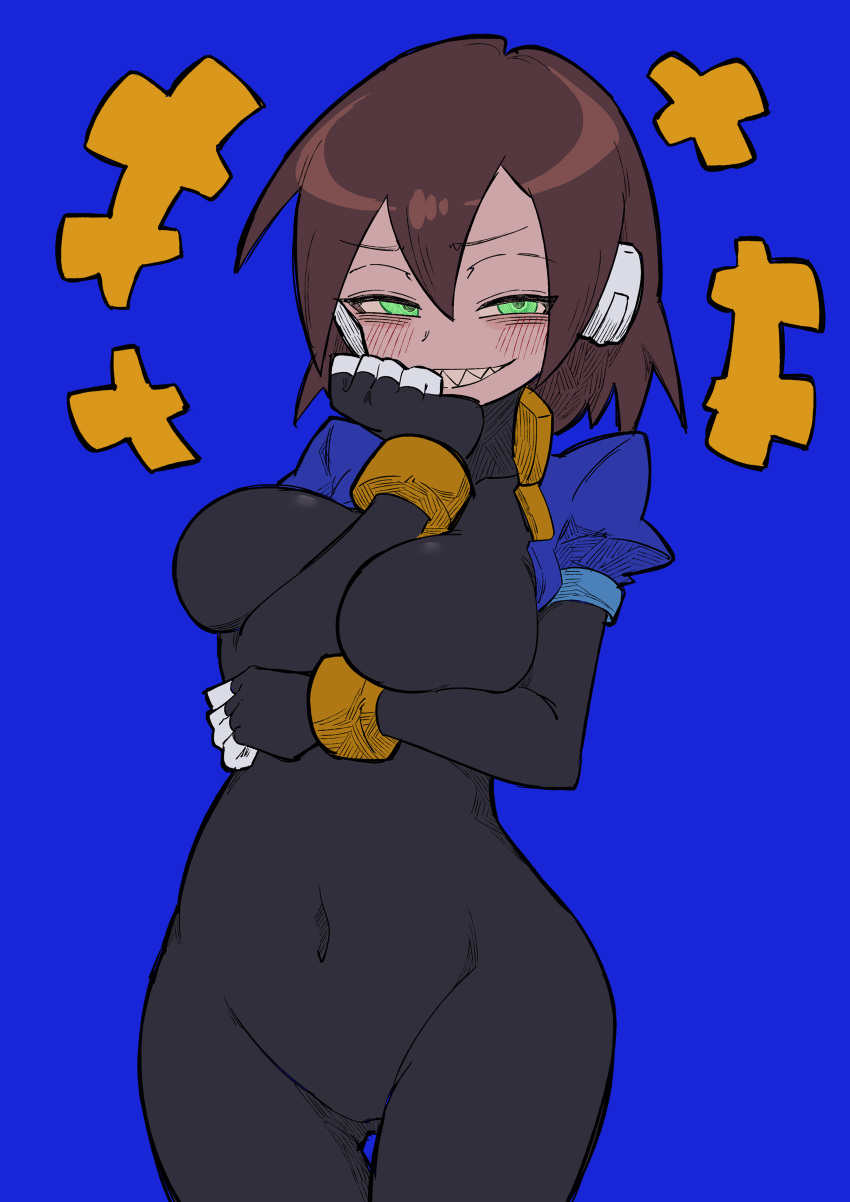 1girl absurdres aile_(mega_man_zx) arm_between_breasts arms_under_breasts between_breasts black_bodysuit blue_background blush bodysuit bodysuit_under_clothes breasts brown_hair buzzlyears commentary covered_navel cowboy_shot cropped_jacket green_eyes hand_on_own_chin highres jacket large_breasts looking_at_viewer mega_man_(series) mega_man_zx no_pants open_clothes open_jacket robot_ears sharp_teeth short_hair simple_background smile solo teeth