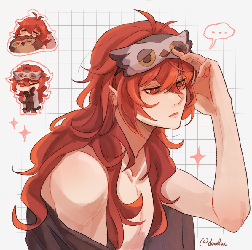 ... bird blindfold brown_shirt chibi diluc_(genshin_impact) doveluc genshin_impact hair_between_eyes highres long_hair male_focus muscular muscular_male open_mouth owl ponytail red_eyes red_hair shirt topless_male twitter_username