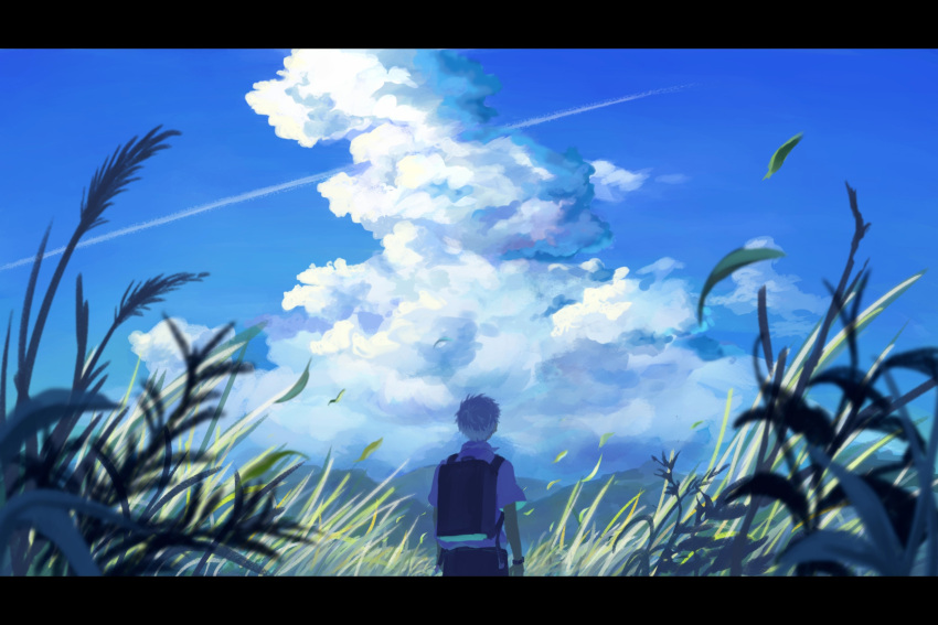 1boy absurdres backpack bag blue_sky cloud contrail cumulonimbus_cloud facing_away grey_hair highres hikaru_(hikaru_ga_shinda_natsu) hikaru_ga_shinda_natsu male_focus nano_(h-koki0911) pants scenery shirt short_hair short_sleeves sky standing wristband