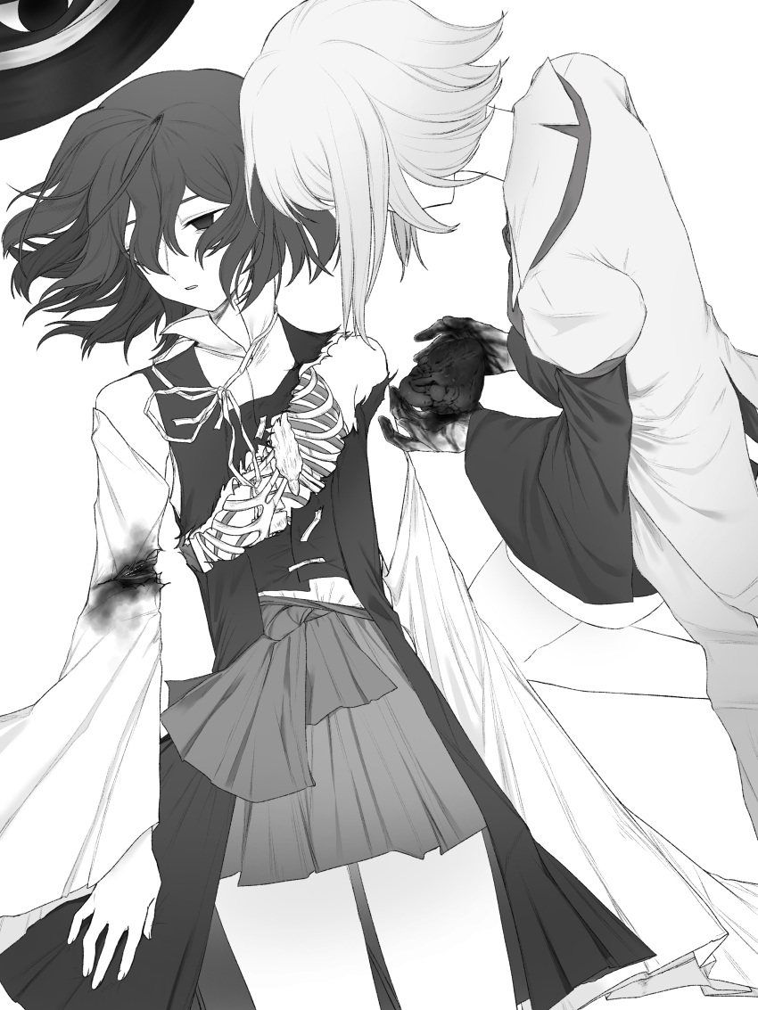 2others absurdres androgynous blood blood_on_hands commentary detached_sleeves enraku_tsubakura gas_wf greyscale guro hakama hakama_short_skirt hakama_skirt heart_(organ) highres holding_heart_(organ) houlen_yabusame japanese_clothes layered_sleeves len'en long_sleeves monochrome multiple_others neck_ribbon other_focus parted_lips puffy_short_sleeves puffy_sleeves ribbon ribs shirt short_hair short_over_long_sleeves short_sleeves simple_background skirt sleeveless sleeveless_shirt white_background