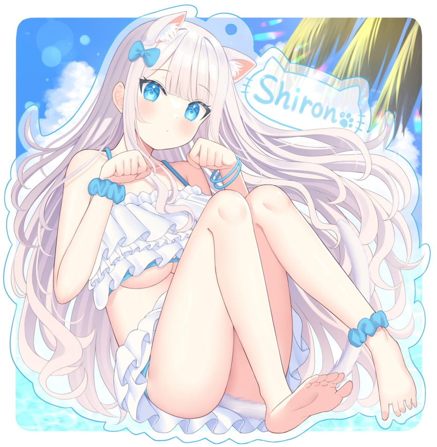 1girl animal_ear_fluff animal_ears ankle_scrunchie barefoot bikini blue_bikini blue_bow blue_eyes blue_scrunchie bow breasts cat_ears cloud comiket_102 frilled_bikini frills grey_hair hair_bow highres layered_bikini long_hair mizukoshi_(marumi) original outline palm_leaf paw_pose scrunchie sky swimsuit underboob white_bikini wrist_scrunchie