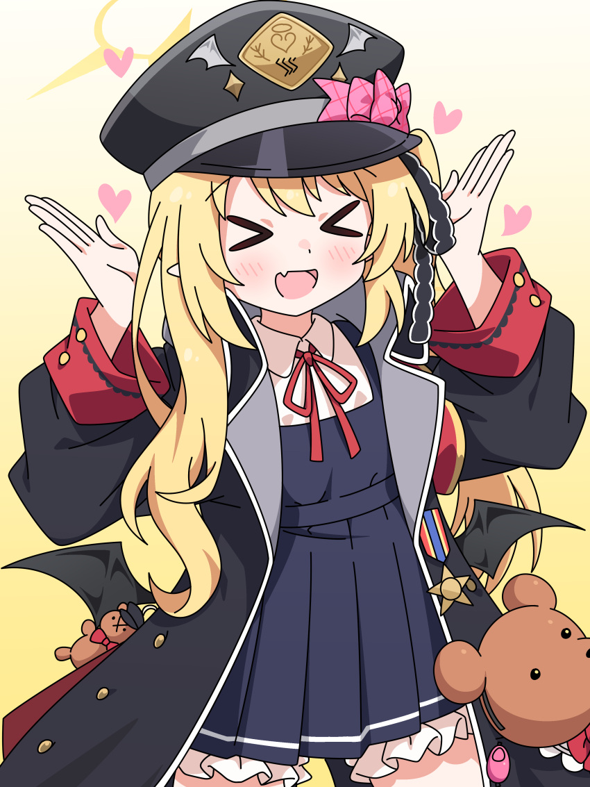 &gt;_&lt; 1girl :d absurdres armband bag black_coat blonde_hair blue_archive bow bowtie coat collared_shirt commentary_request crime_prevention_buzzer demon_girl demon_wings dress gradient_background hair_between_eyes hair_bow hair_ribbon halo handbag hat highres ibuki_(blue_archive) long_hair long_sleeves looking_at_viewer mangyu0111 one_side_up open_clothes open_coat peaked_cap pinafore_dress pointy_ears red_armband red_bow red_bowtie ribbon school_uniform shirt sidelocks simple_background sleeveless sleeveless_dress smile solo stuffed_animal stuffed_toy teddy_bear white_shirt wings xd yellow_background