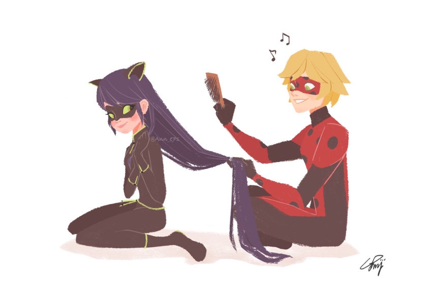 1boy 1girl adrien_agreste animal_ears ann_e7s black_bodysuit black_mask blonde_hair blue_hair bodysuit brushing_hair cat_ears cat_girl closed_mouth comb green_eyes highres lady_noir long_hair marinette_dupain-cheng miraculous_ladybug misterbug_(character) polka_dot red_bodysuit red_mask simple_background sitting smile superhero_costume white_background