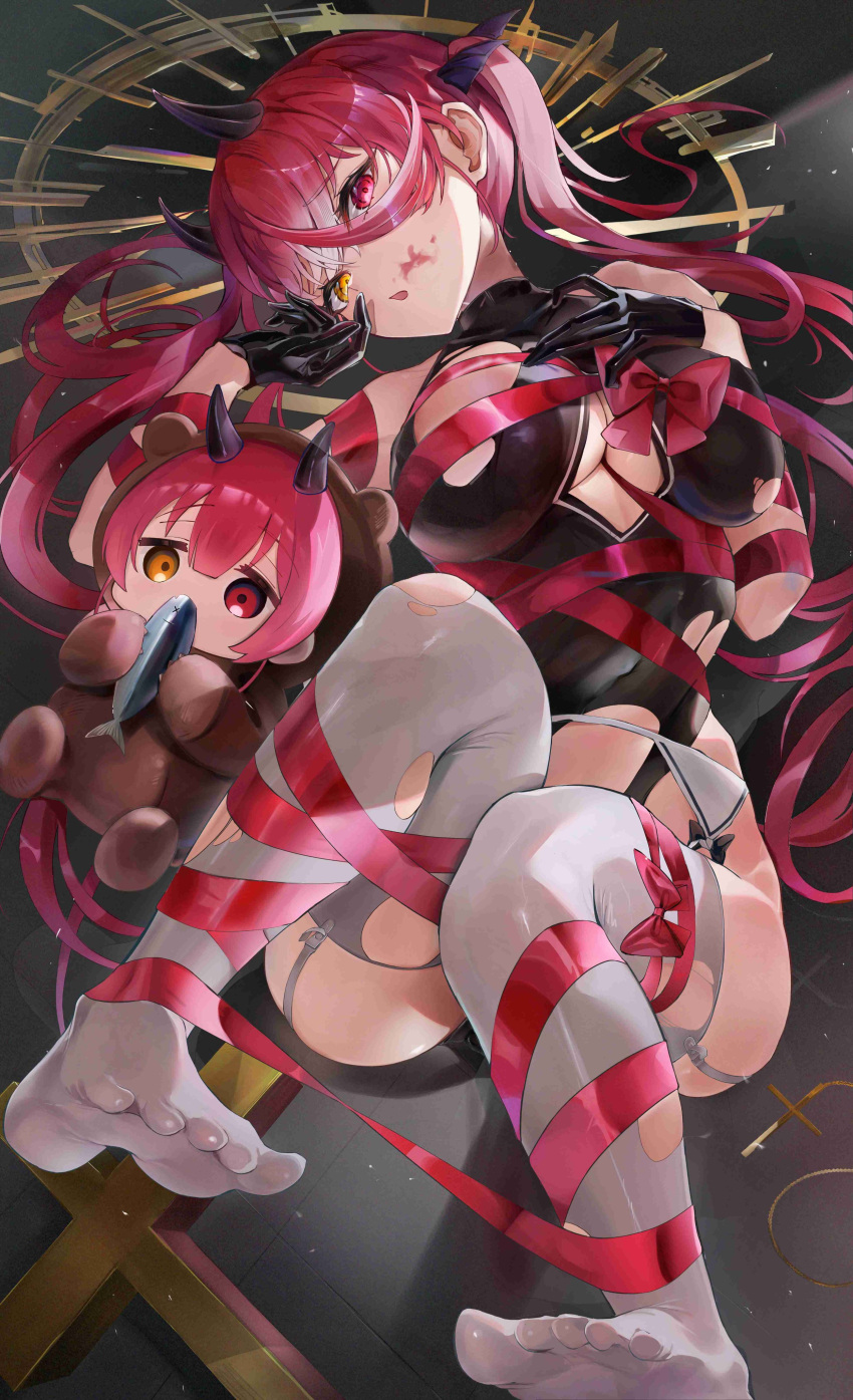 1girl \||/ absurdres bat_hair_ornament black_gloves black_leotard bow breasts character_doll chestnut_mouth cleavage cleavage_cutout clothing_cutout commentary_request covered_navel cross curvy demon_girl demon_horns eyelashes eyes_visible_through_hair feet full_body garter_belt garter_straps gloves hair_between_eyes hair_ornament hair_spread_out hand_on_own_chest hands_up head_tilt heterochromia highleg highleg_leotard highres hololive horns houshou_marine indoors knees_together_feet_apart large_breasts legs leotard long_hair looking_at_viewer lying nishiro_hato no_shoes on_back open_mouth raised_eyebrows red_bow red_eyes red_hair red_ribbon ribbon second-party_source soles solo stuffed_animal stuffed_fish stuffed_toy teddy_bear thigh_bow thighhighs tile_floor tiles toes torn_clothes torn_leotard tsurime twintails very_long_hair virtual_youtuber white_thighhighs yellow_eyes