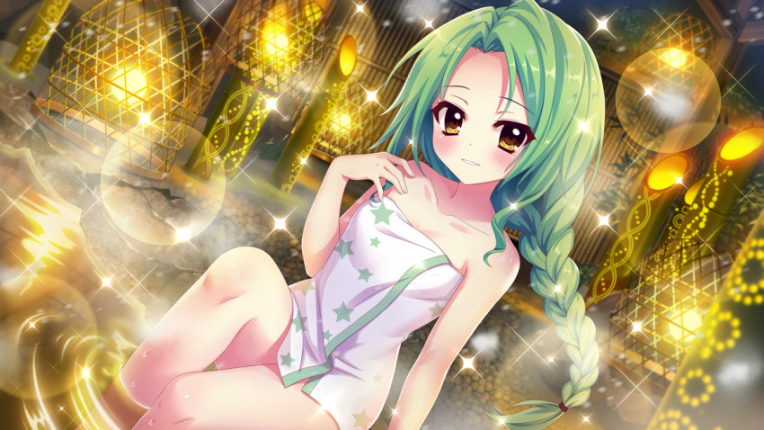 1girl bamboo blush braid braided_ponytail breasts cage cleavage collarbone dot_nose dutch_angle film_grain forehead game_cg green_hair grin hand_up head_tilt izumi_tsubasu lens_flare looking_at_viewer low_ponytail medium_breasts naked_towel night non-web_source official_art onsen parted_lips print_towel re:stage! shirokita_kuroha sitting smile soaking_feet solo sparkle star_(symbol) star_print steam towel white_towel