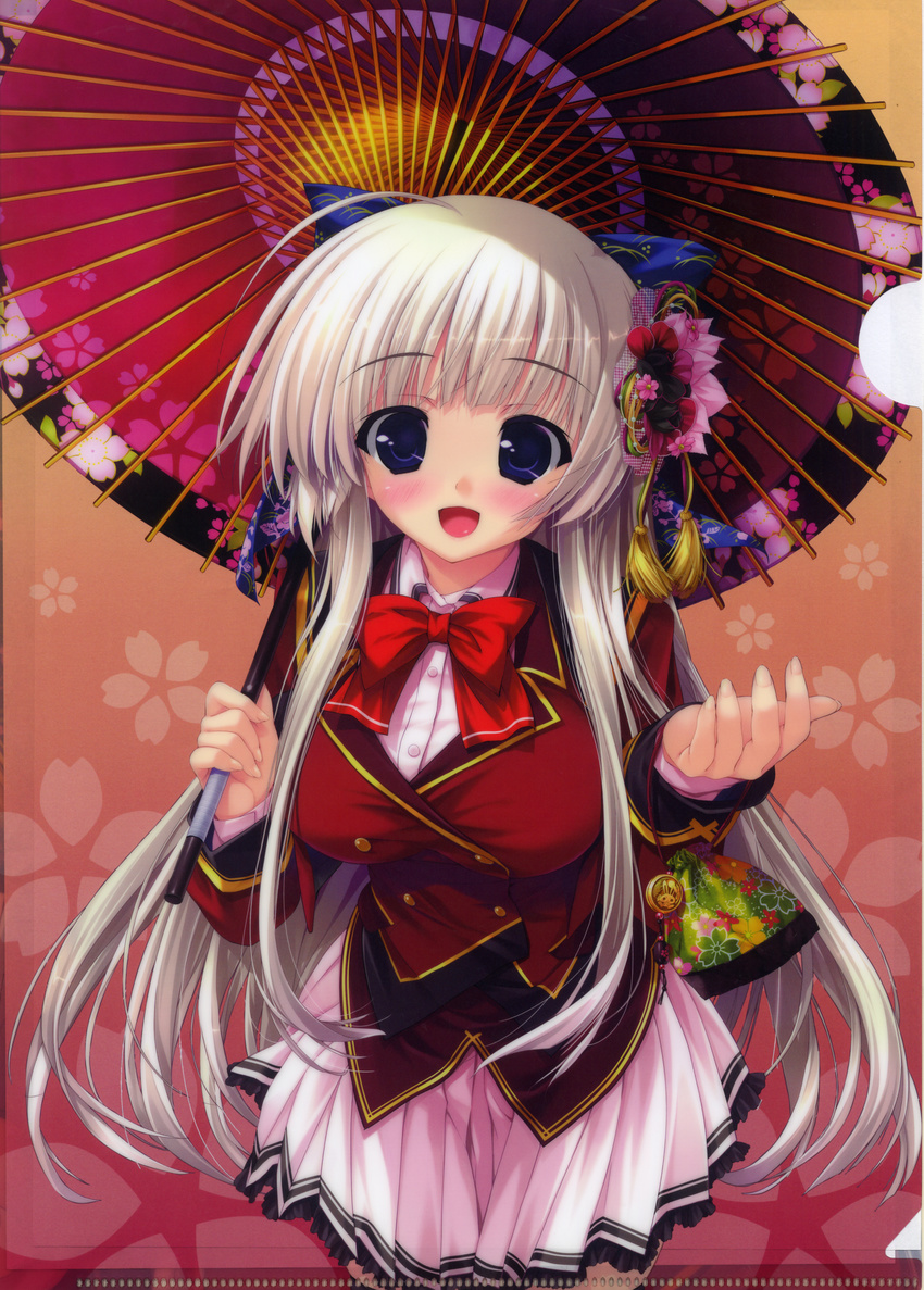 :d absurdres aina_ashwin black_legwear blazer bow breasts flower hair_bow hair_flower hair_ornament highres jacket large_breasts long_hair open_mouth outstretched_hand parasol pleated_skirt prism_recollection! purple_eyes school_uniform shintarou silver_hair skirt smile solo thighhighs umbrella very_long_hair