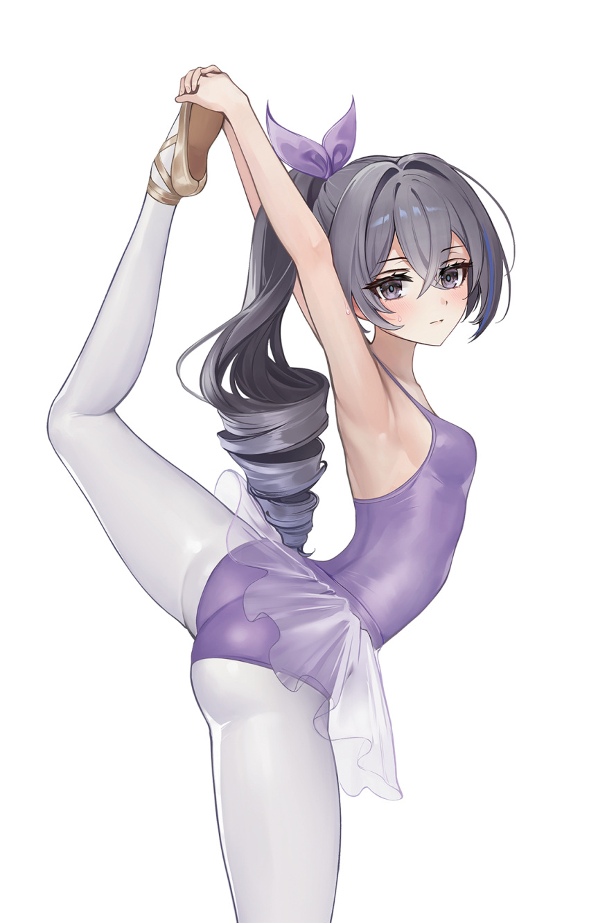 1girl alternate_costume armpits arms_up ass ballerina ballet_slippers bodysuit breasts closed_mouth cowboy_shot drill_hair drill_ponytail foka_(beginner) from_side grey_eyes grey_hair hands_up high_ponytail highres honkai:_star_rail honkai_(series) leg_up leotard looking_at_viewer pantyhose purple_leotard silver_wolf_(honkai:_star_rail) simple_background single_drill small_breasts small_sweatdrop solo split standing standing_on_one_leg standing_split white_background white_pantyhose