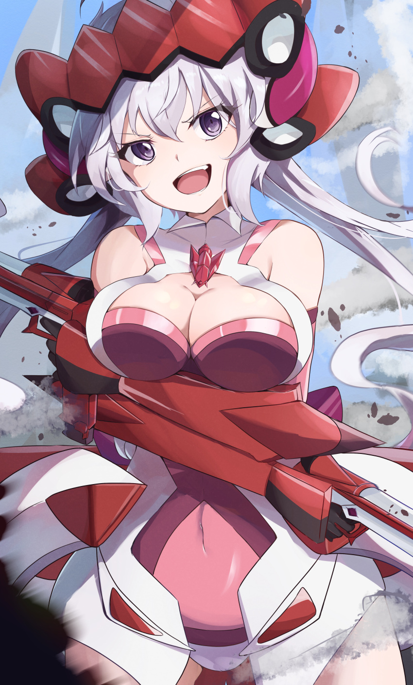 1girl :d absurdres arm_support armored_gloves arms_under_breasts bare_shoulders breast_rest breasts cleavage commentary_request covered_navel cowboy_shot crossed_arms elbow_gloves gloves hair_between_eyes highres leotard long_hair medium_breasts outdoors pink_leotard purple_eyes red_gloves senki_zesshou_symphogear skin_tight sleeveless smile smug solo teeth twintails upper_teeth_only very_long_hair white_hair wimawi yukine_chris