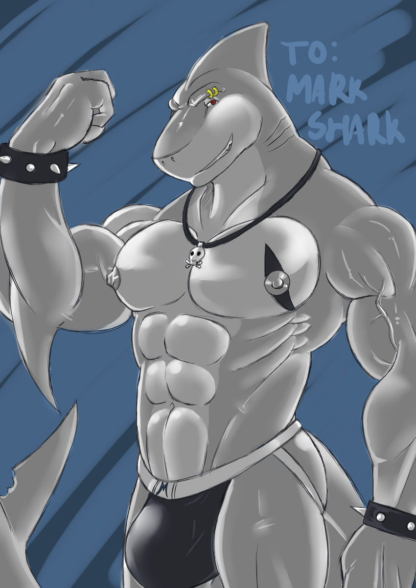 abs absurd_res anthro beefcake biceps big_muscles bracelet bulge clothed clothing colar crystalryder fish flexing fur great_white_shark half-dressed hi_res jewelry jockstrap looking_at_viewer male marine markshark muscles necklace nipples pecs piercing plain_background pose scales shark solo standing teeth topless underwear vein veins