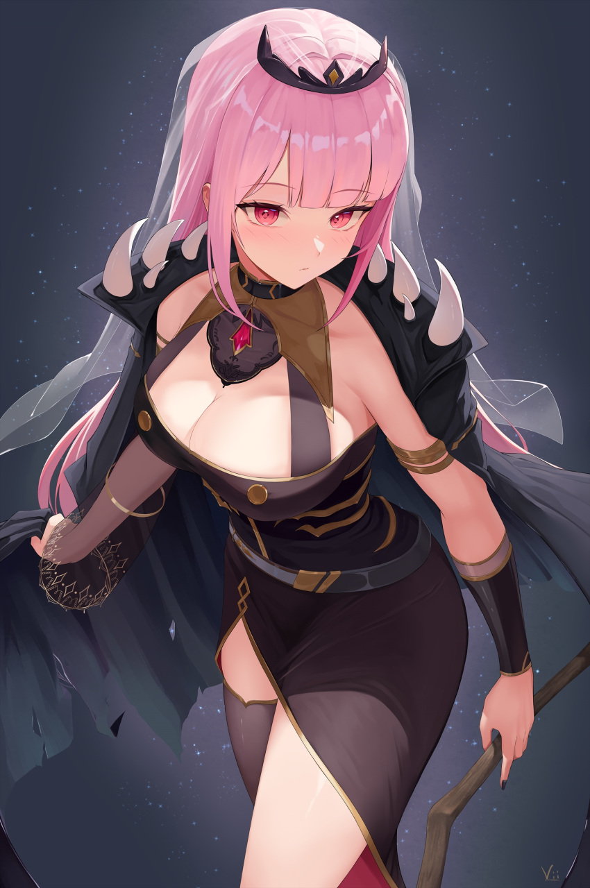 1girl absurdres black_cape black_dress blush breasts cape cleavage dress highres holding holding_scythe hololive hololive_english large_breasts long_hair looking_at_viewer mori_calliope mori_calliope_(1st_costume) pink_eyes pink_hair scythe solo spikes tiara veil vii22581034 virtual_youtuber