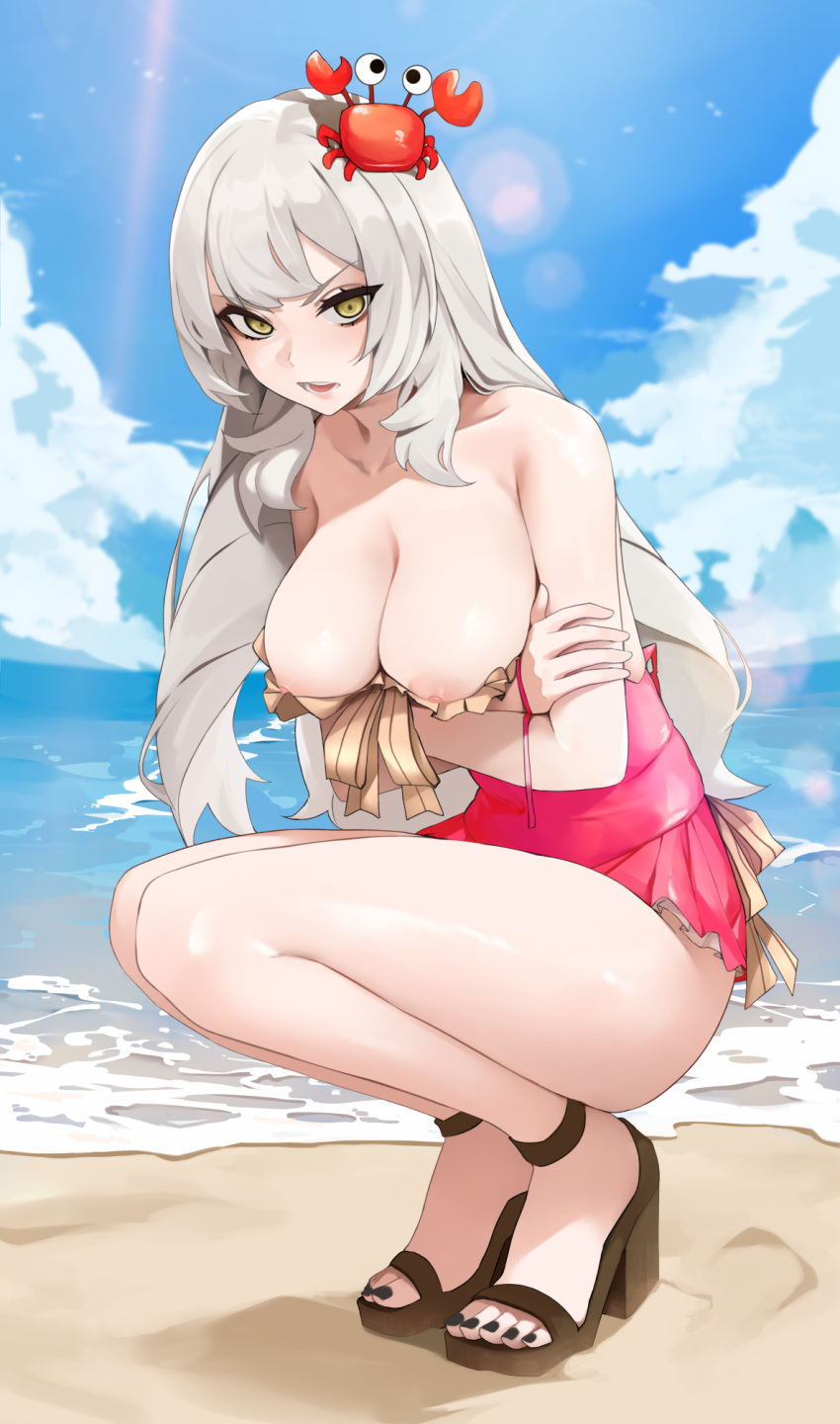 1girl areola_slip bare_shoulders beach breasts cleavage collarbone cosplay crab crab_on_head dress_swimsuit fate/grand_order fate_(series) highres large_breasts long_hair looking_at_viewer marie_antoinette_(alter)_(fate) marie_antoinette_(alter)_(third_ascension)_(fate) marie_antoinette_(fate) marie_antoinette_(swimsuit_caster)_(fate) marie_antoinette_(swimsuit_caster)_(fate)_(cosplay) marie_antoinette_(swimsuit_caster)_(first_ascension)_(fate) noir_(4chan) one-piece_swimsuit open_mouth red_one-piece_swimsuit sandals shore solo squatting swimsuit white_hair yellow_eyes