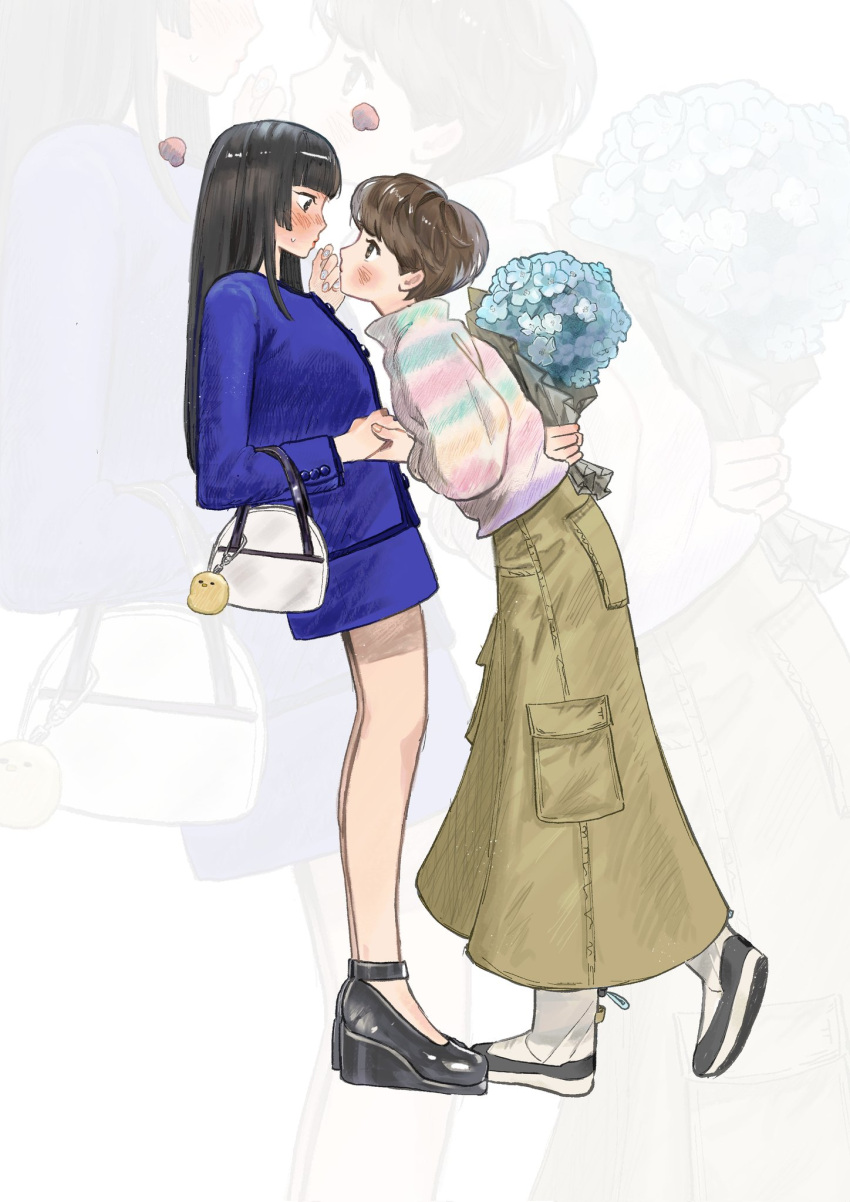 2girls arm_behind_back bag black_eyes black_footwear black_hair blue_flower blue_jacket blue_skirt blush bouquet brown_hair brown_skirt cinnamanhwa embarrassed flower handbag high_heels highres hime_cut holding holding_bouquet holding_hands jacket korean_commentary leaning_forward long_skirt multiple_girls original short_hair skirt striped_clothes striped_sweater sweater yuri zoom_layer