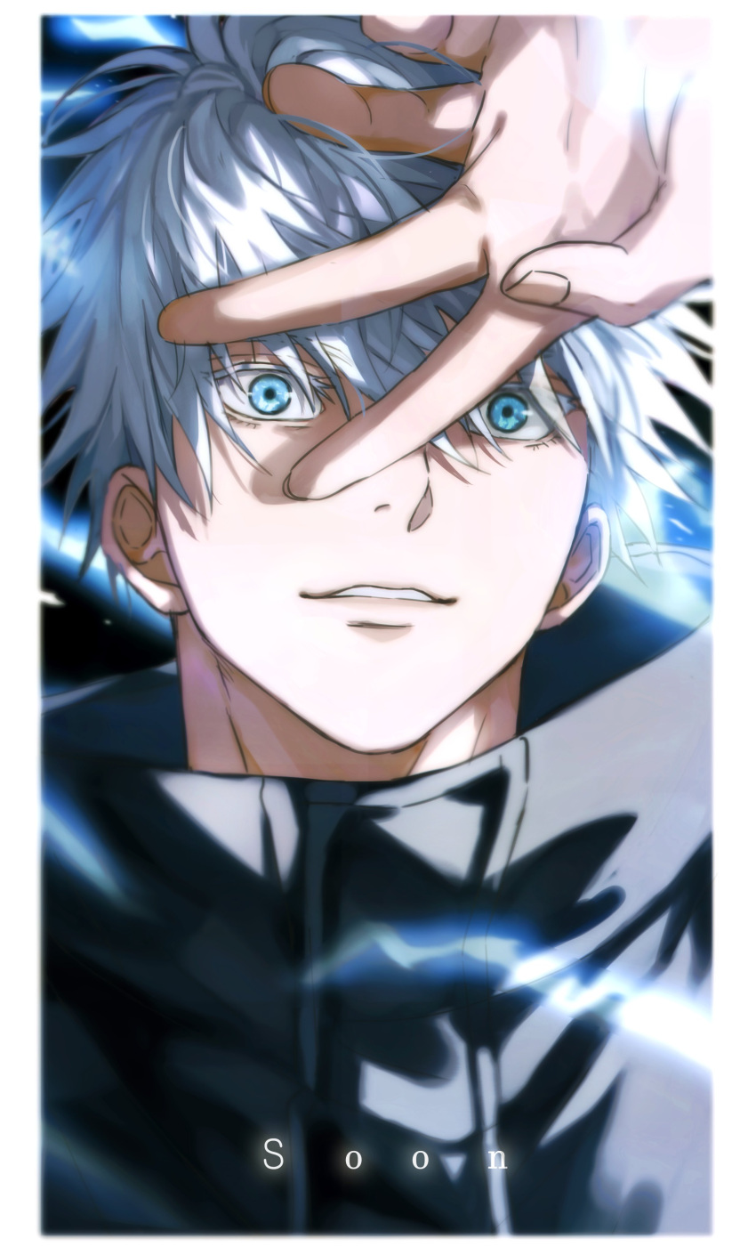 1boy absurdres black_jacket blue_eyes border energy english_text gojou_satoru hand_on_own_head highres jacket jujutsu_kaisen lightning looking_at_viewer male_focus parted_lips portrait solo teeth turtleneck turtleneck_jacket white_border white_hair yoon_(dmsco1803)