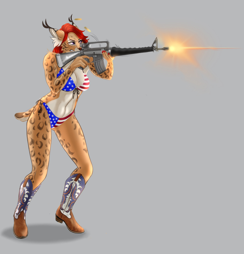 absurd_res aiming_weapon american_flag_bikini anthro bikini boots cadence_ann cinnameana clothing cowboy_boots felid feline female flag_bikini footwear gun hair hi_res lynx mammal purple_eyes ranged_weapon red_hair rifle solo swimwear weapon