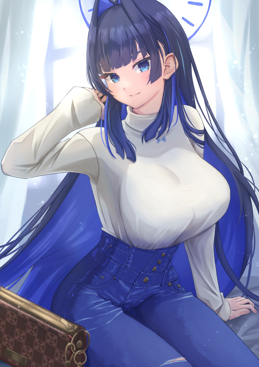 1girl black_hair blue_eyes blue_hair blue_pants blunt_bangs breasts colored_inner_hair denim detached_sleeves hair_intakes high-waist_pants highres hololive hololive_english jeans large_breasts long_hair long_sleeves mihaeru multicolored_hair official_alternate_costume official_alternate_hair_length official_alternate_hairstyle ouro_kronii ouro_kronii_(casual) pants shirt solo sweater sweater_tucked_in turtleneck virtual_youtuber white_shirt white_sweater