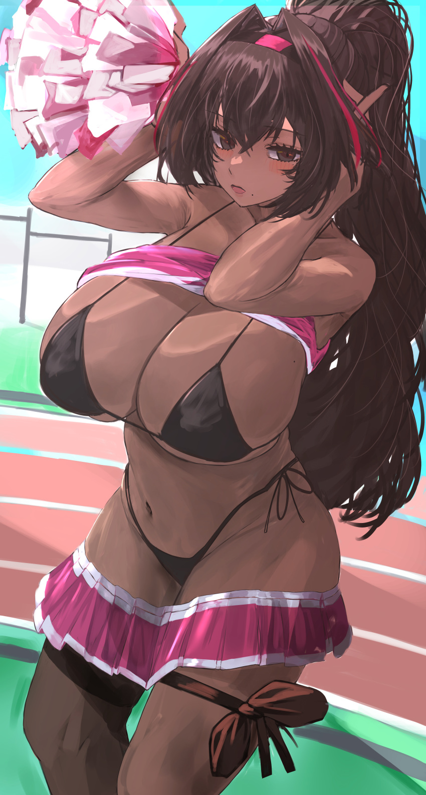 1girl absurdres ahoge bay_(nikke) bikini black_bikini black_thighhighs blush breasts brown_eyes brown_hair cheerleader collar crop_top dark-skinned_female dark_skin facial_tattoo goddess_of_victory:_nikke hair_intakes hairband highres huge_breasts long_hair looking_at_viewer mole mole_on_breast mole_under_eye mole_under_mouth multicolored_hair nuo_(fttv3255) pom_pom_(cheerleading) ponytail red_hair red_shirt red_skirt shirt single_thighhigh skirt solo spiked_collar spikes star_tattoo streaked_hair swimsuit tattoo thigh_strap thighhighs