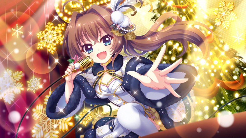 1girl :d ahoge blue_eyes blue_trim breasts brown_hair christmas christmas_lights christmas_tree cleavage concert dot_nose feather_hair_ornament feathers film_grain game_cg gold_trim hair_intakes hair_ornament holding holding_microphone holly idol idol_clothes izumi_tsubasu leaning_forward lens_flare long_hair looking_at_viewer lunging medium_breasts microphone non-web_source official_art open_mouth outstretched_arm ponytail re:stage! ribbon robe shikimiya_aone smile snowflake_ornament solo sparkle stage stage_curtains stage_lights thighhighs white_feathers white_robe white_thighhighs yellow_ribbon
