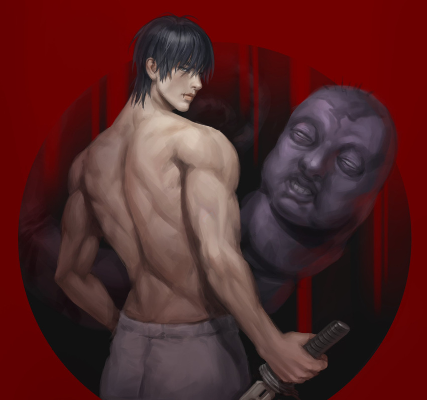 1boy back black_hair colored_skin fushiguro_touji grey_pants hair_between_eyes highres holding holding_sword holding_weapon jujutsu_kaisen looking_back male_focus monster pants plyu purple_skin red_background scar scar_on_face scar_on_mouth sword teeth topless_male weapon