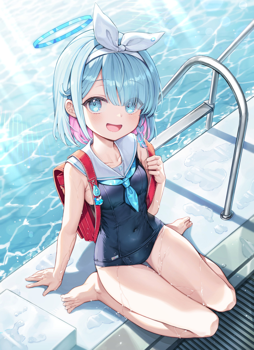 1girl :d absurdres alternate_costume arona_(blue_archive) backpack bag bare_arms bare_legs barefoot blue_archive blue_eyes blue_hair blush breasts drain_(object) eyes_visible_through_hair highres light_blue_hair looking_at_viewer mono_(mono_mon) neckerchief one-piece_swimsuit open_mouth outdoors pool pool_ladder poolside randoseru ribbon sailor_collar school_swimsuit school_uniform serasuku sitting small_breasts smile solo swimsuit swimsuit_under_clothes wariza water wet