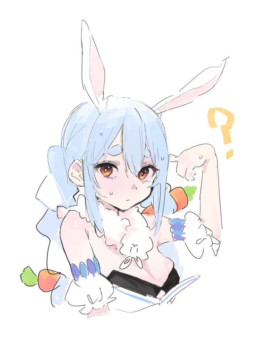 1girl ? animal_ears blue_hair braid breasts carrot cleavage closed_mouth commentary_request hand_up highres hololive iq033 looking_at_viewer medium_breasts multicolored_hair rabbit-shaped_pupils rabbit_ears simple_background sketch solo symbol-shaped_pupils two-tone_hair upper_body usada_pekora usada_pekora_(1st_costume) virtual_youtuber white_background white_hair