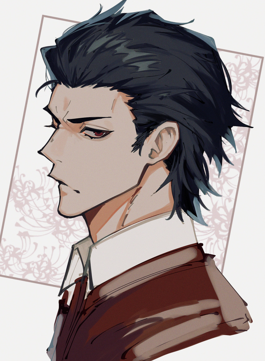 1boy absurdres black_hair collared_shirt facing_to_the_side fate/grand_order fate_(series) hair_slicked_back haruakira highres hijikata_toshizou_(fate) jacket looking_at_viewer male_focus portrait red_eyes shirt short_hair solo white_shirt