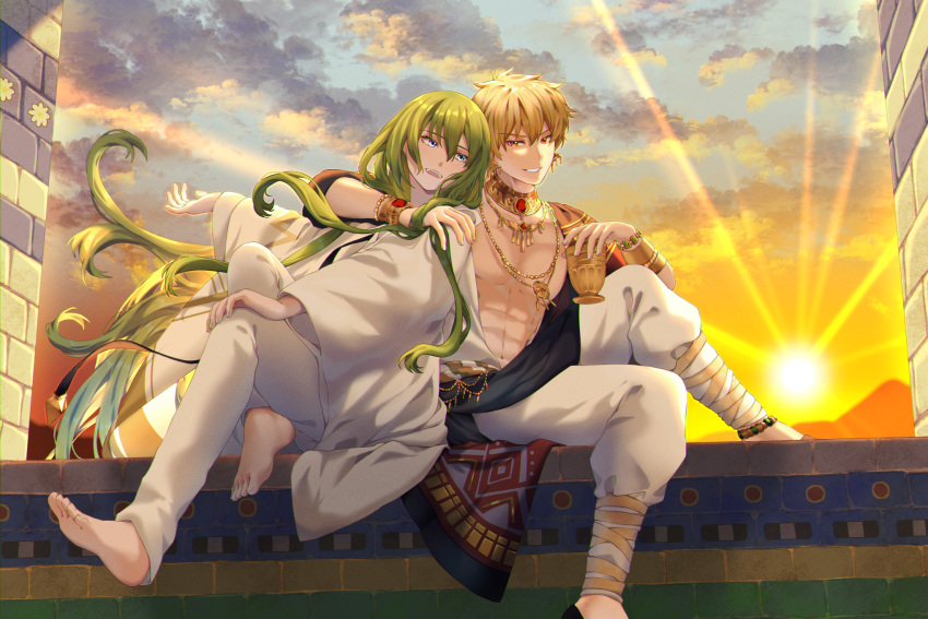 1boy 1other alternate_costume androgynous arabian_clothes barefoot blonde_hair blue_eyes bracelet chalice cup earrings enkidu_(fate) fate/grand_order fate_(series) gilgamesh_(fate) gold green_eyes green_hair hair_between_eyes highres holding jewelry kac61010 long_hair long_sleeves muscular muscular_male neck_ring necklace open_mouth pants red_eyes robe short_hair smile sunset toga topless_male very_long_hair white_pants white_robe