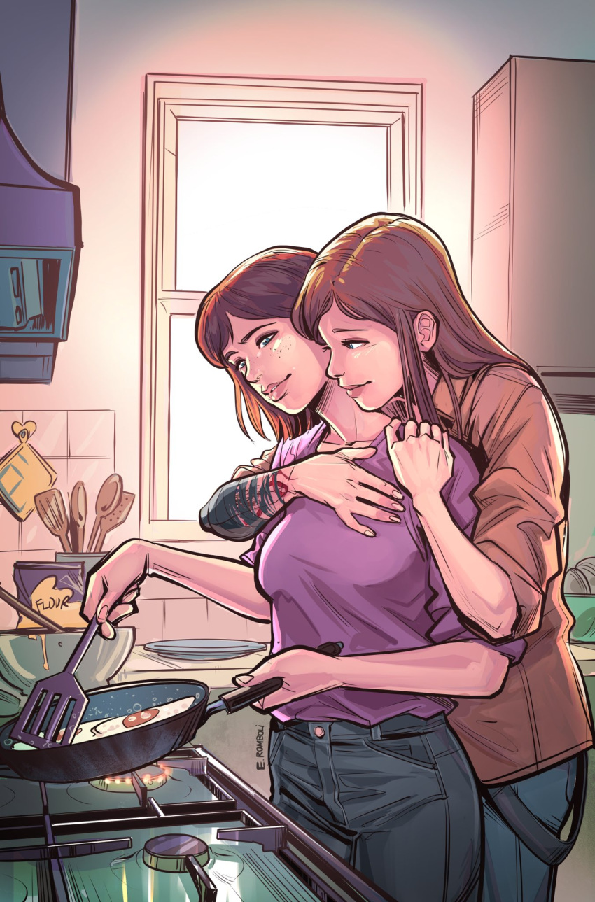 2girls afterlaughs alternate_hairstyle arm_tattoo brown_hair chloe_price cooking egg_(food) flour food freckles fried_egg frying_pan green_eyes highres holding holding_frying_pan holding_spatula hug hug_from_behind kitchen life_is_strange long_hair max_caulfield medium_hair multiple_girls purple_shirt shirt smile spatula stove tattoo window yuri