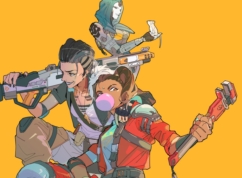 3girls android animal animification apex_legends ash's_rat_(apex_legends) ash_(titanfall_2) black_gloves black_jacket blue_shirt brown_hair chewing_gum dark-skinned_female dark_skin eyebrow_cut eyeshadow facial_mark fingerless_gloves forehead_mark fur-trimmed_jacket fur_trim gloves gun highres holding holding_animal holding_gun holding_weapon holding_wrench hood hood_up jacket m1904_mastiff mad_maggie_(apex_legends) makeup multiple_girls orange_background orange_jacket over_shoulder problem_solver_(apex_legends) purple_eyeshadow rampart_(apex_legends) shirt side_ponytail simple_background simulacrum_(titanfall) thundergotch weapon weapon_over_shoulder white_shirt wrench