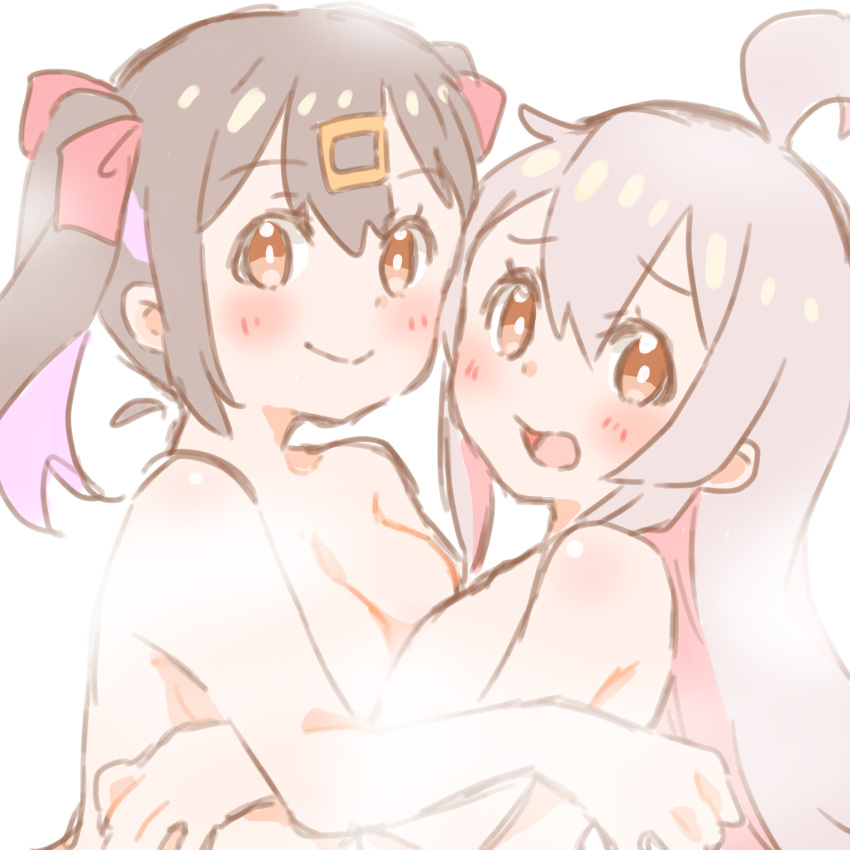 2girls :d absurdres ahoge asymmetrical_docking black_hair blush breast_press breasts brown_eyes commentary completely_nude english_commentary flat_chest hair_between_eyes hair_ornament hair_ribbon hairclip highres hug long_hair mayoineko medium_breasts medium_hair multicolored_hair multiple_girls nude onii-chan_wa_oshimai! open_mouth oyama_mahiro oyama_mihari pink_hair purple_hair red_ribbon ribbon siblings simple_background sisters smile twintails two-tone_hair white_background