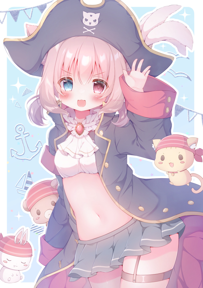 &gt;:) :3 :d animal_ears black_skirt blue_eyes cat_ears hanasakichu hat heterochromia highres navel open_mouth original pink_hair pirate pirate_costume pirate_hat red_eyes skirt skull_and_crossbones smile stomach v-shaped_eyebrows variant_set