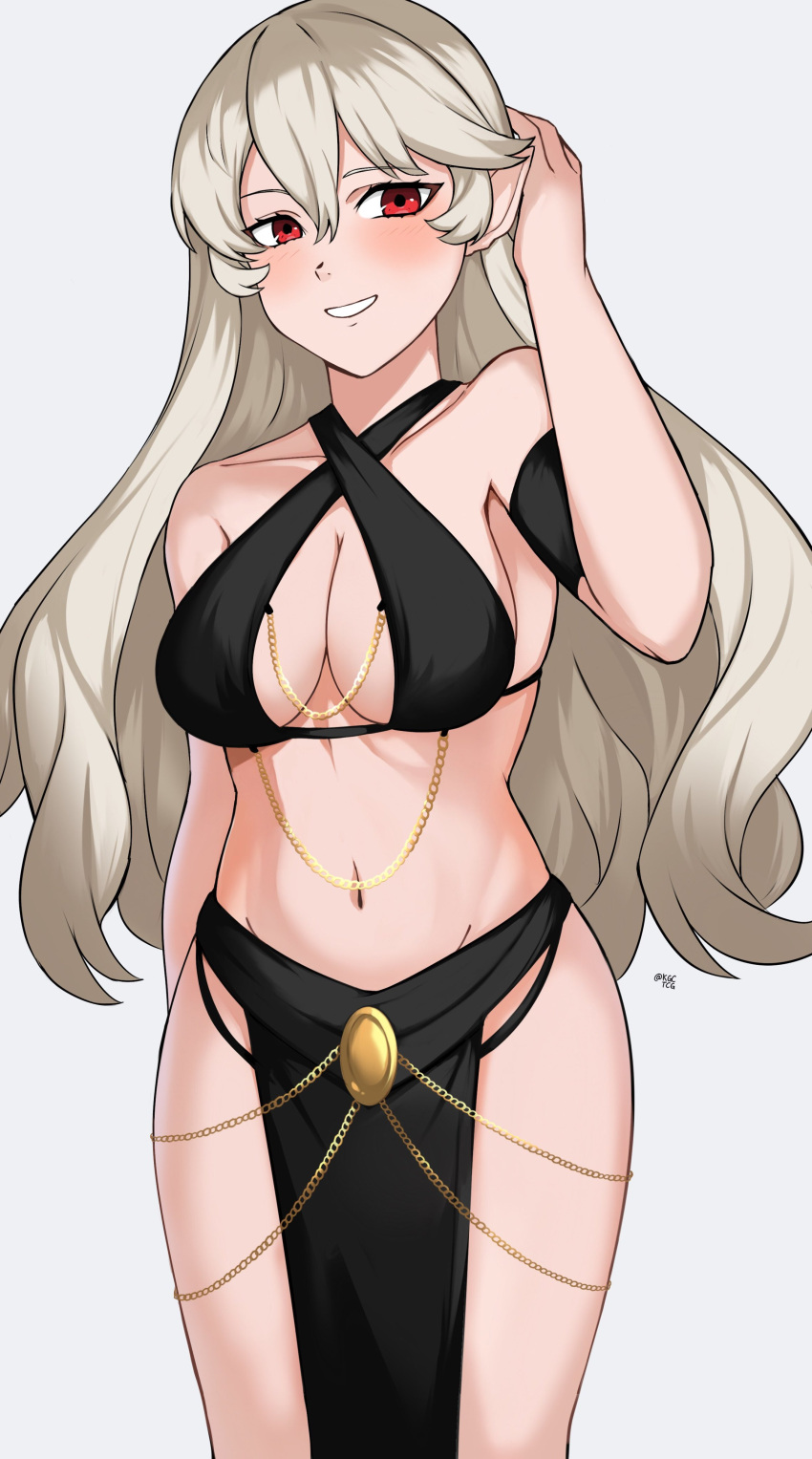 1girl absurdres adjusting_hair alternate_costume breasts chain cleavage corrin_(female)_(fire_emblem) corrin_(fire_emblem) fire_emblem fire_emblem_fates gold_chain grey_hair highres kgctcg long_hair looking_at_viewer medium_breasts meme_attire navel pelvic_curtain pointy_ears red_eyes smile solo teeth white_background yomorio_lingerie