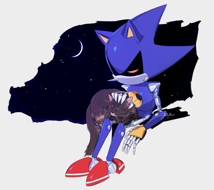 1boy absurdres animal by_almaz cat closed_eyes commentary crescent_moon highres male_focus metal_sonic moon night non-humanoid_robot on_lap petting robot robot_animal sonic_(series) star_(sky) symbol-only_commentary