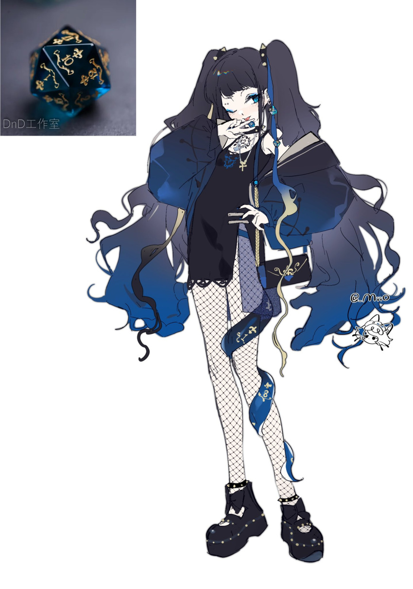 1girl arin_(fanfan013) bag bare_shoulders black_bag black_bow black_choker black_dress black_footwear black_hair black_pantyhose blue_eyes blue_eyeshadow blue_hair blue_jacket blue_ribbon blue_sleeves bow chinese_commentary choker commentary_request cross cross-laced_clothes cross-laced_sleeves cross_necklace dice dress eyeshadow fishnet_pantyhose fishnets footwear_bow full_body gradient_hair gradient_jacket gradient_sleeves hair_ribbon hand_on_own_chin hand_on_own_hip highres jacket jewelry lace-trimmed_dress lace_trim long_hair long_sleeves looking_at_viewer makeup mary_janes multicolored_hair necklace one_eye_closed open_clothes open_jacket open_mouth original pantyhose personification puffy_long_sleeves puffy_sleeves reference_inset ribbon shoes short_dress shoulder_bag side_slit simple_background sleeveless sleeveless_dress smile solo spiked_anklet spiked_choker spiked_footwear spikes tentacles tongue twintails twitter_username v very_long_hair white_background