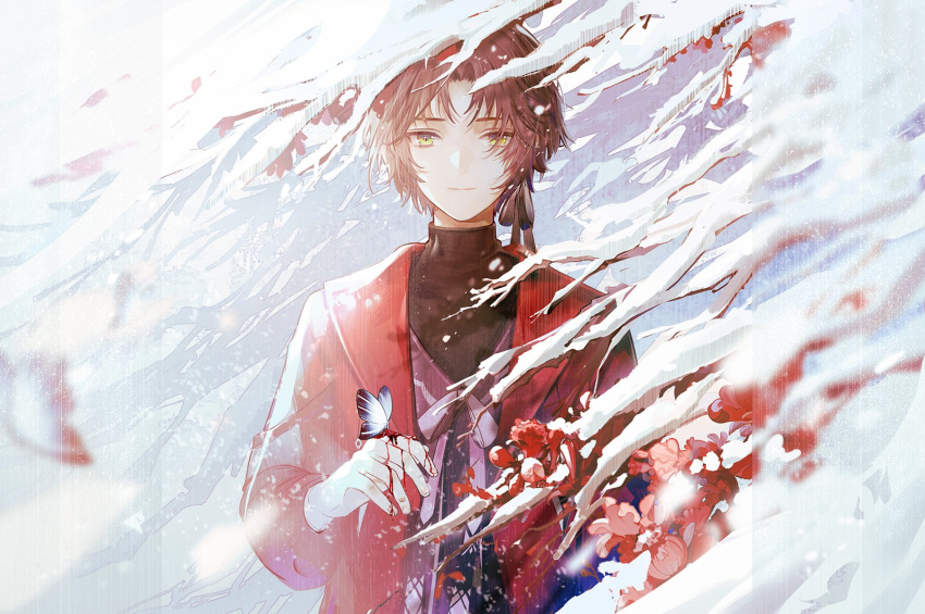 1boy bai_qi-qsr bishounen black_ribbon black_shirt brown_hair bug butterfly butterfly_on_hand closed_mouth commentary fingernails forever_7th_capital hair_ribbon highres jacket long_sleeves looking_at_viewer male_focus open_clothes open_jacket parted_bangs puffy_long_sleeves puffy_sleeves purple_ribbon red_jacket red_sleeves ribbon shirt short_hair smile snow snowing solo tree turtleneck turtleneck_shirt upper_body viatin_(forever_7th_capital) white_butterfly winter yellow_eyes