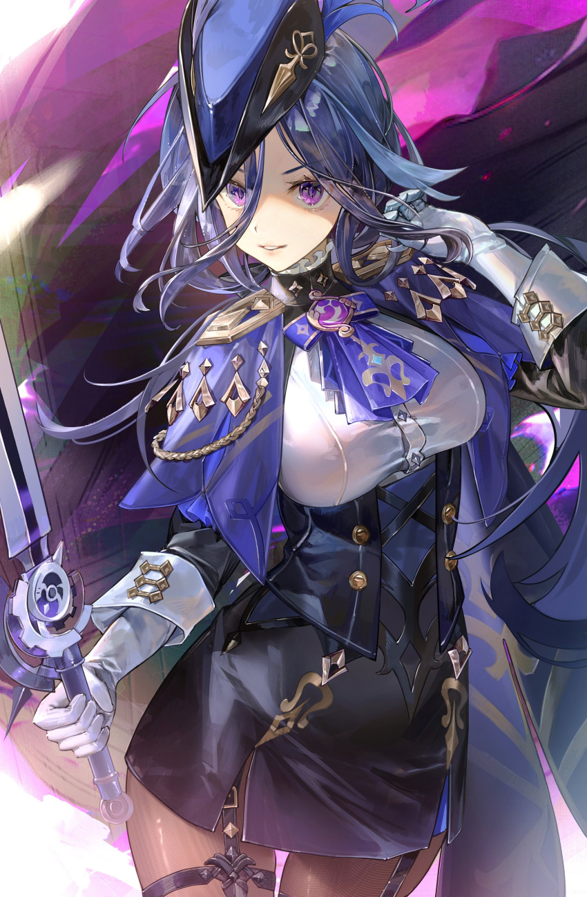 1girl absurdres arrrrrry1 ascot black_hair blue_hair breasts clorinde_(genshin_impact) corset genshin_impact gloves hat highres holding holding_weapon large_breasts long_hair looking_at_viewer pantyhose purple_eyes revision shirt solo sword tricorne very_long_hair weapon white_gloves white_shirt