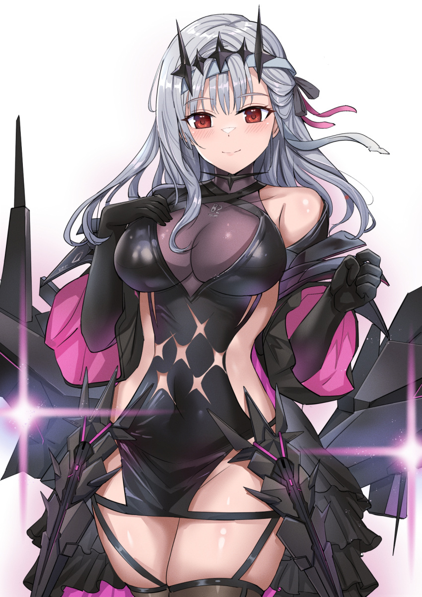 1girl black_choker black_crown_(object) black_dress breasts choker dress goddess_of_victory:_nikke grey_hair highres mecha_musume modernia_(nikke) pink_ribbon red_eyes ribbon white_background yougenko