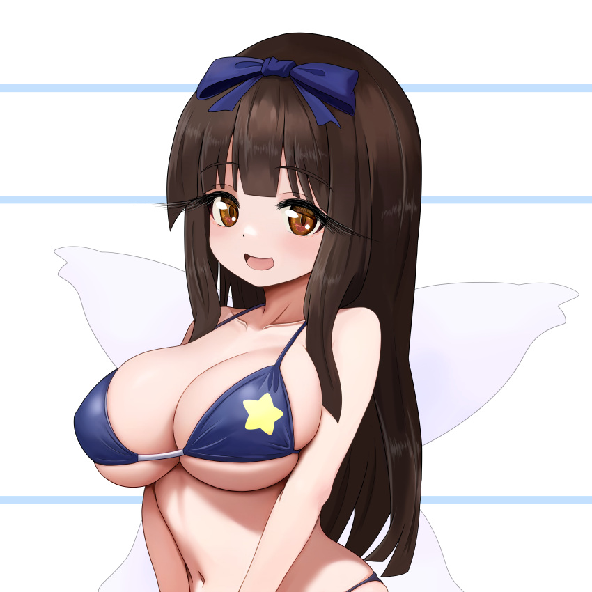 1girl absurdres bikini blue_bikini blue_bow bow breasts brown_eyes brown_hair commentary_request hair_bow highres hime_cut large_breasts long_eyelashes looking_at_viewer navel open_mouth sidelocks solo star_(symbol) star_print star_sapphire sugar_you swimsuit touhou upper_body white_background wings