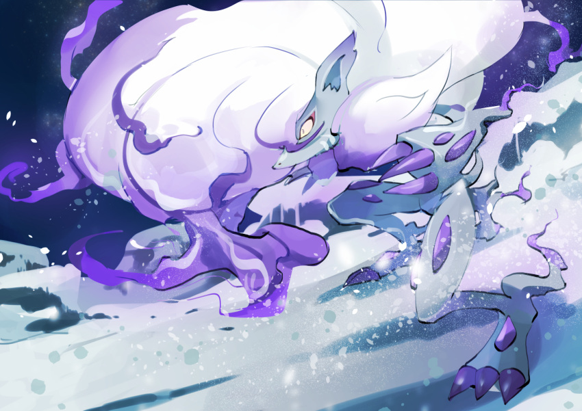 alternate_color animal_focus claws constricted_pupils hisuian_zoroark koike3582 night night_sky no_humans outdoors pokemon pokemon_(creature) shiny_pokemon sky snow solo yellow_eyes