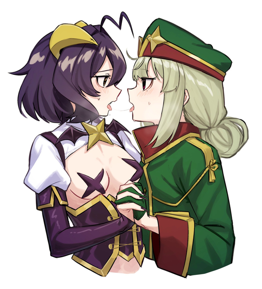 2girls after_kiss ahoge aoki_shizumi araga_kiwi black_nails blush breastless_clothes breasts commentary corset cropped_torso cross-shaped_pupils cross_pasties demon_horns elbow_gloves eye_contact face-to-face fingernails forward_facing_horns gloves green_gloves green_hat green_jacket hair_between_eyes hair_bun half_gloves hat highres hiiragi_utena holding_hands horns interlocked_fingers jacket leoparde_(mahou_shoujo_ni_akogarete) light_brown_hair long_sleeves looking_at_another magia_baiser mahou_shoujo_ni_akogarete medium_breasts medium_hair military_hat mole mole_under_eye multiple_girls open_mouth pasties profile puffy_short_sleeves puffy_sleeves purple_corset purple_gloves purple_hair saliva saliva_trail sharp_fingernails short_hair short_sleeves shrug_(clothing) simple_background star_(symbol) sweat symbol-only_commentary symbol-shaped_pupils tongue tongue_out very_long_fingernails white_background wide_sleeves yellow_eyes yellow_horns yuri