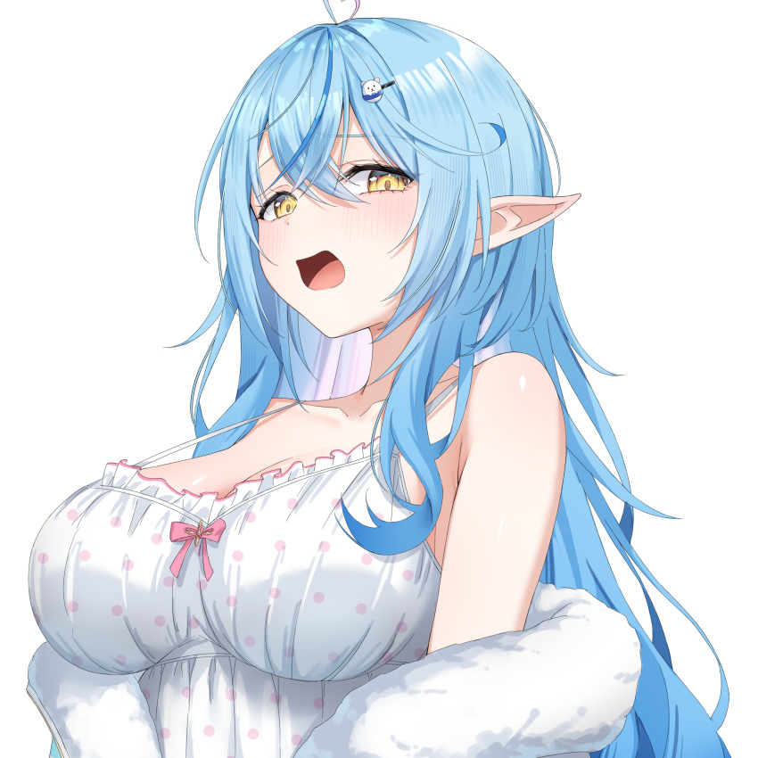 1girl absurdres ahoge ai_(u_e_o_o) bare_shoulders blue_hair breasts camisole cleavage collarbone elf heart heart_ahoge highres hololive large_breasts light_blush looking_at_viewer open_mouth pointy_ears solo spaghetti_strap tongue virtual_youtuber white_camisole yellow_eyes yukihana_lamy