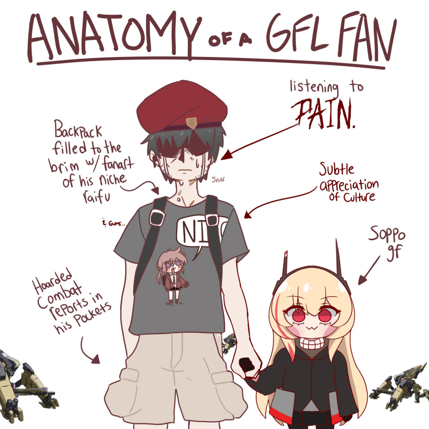 1boy 1girl :3 absurdres anatomy_of_a_gamer_(meme) arms_at_sides arrow_(symbol) beret black_hair black_jacket blonde_hair blush_stickers brown_hair brown_pants cargo_pants character_name closed_mouth commander_(girls'_frontline) commentary cowboy_shot crying english_commentary english_text girls'_frontline grey_shirt hat height_difference highres holding_hands jacket long_hair long_sleeves looking_at_viewer m4_sopmod_ii_(girls'_frontline) meme pants red_beret red_eyes robot shaded_face shirt short_hair short_sleeves side-by-side simple_background smart_oval smile standing straight-on streaming_tears t-shirt tears variant_set very_long_hair white_background