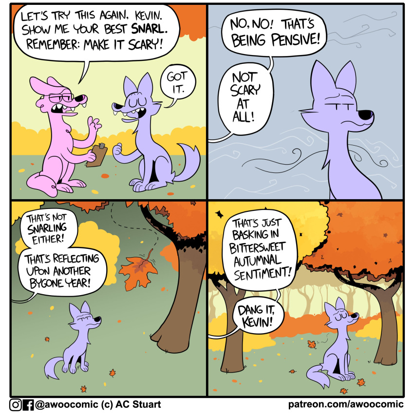 4_panel_comic absurd_res ac_stuart ambiguous_gender autumn awoo_(ac_stuart) blue_body blue_fur canid canine canis cheek_tuft chest_tuft clipboard dialogue duo english_text eyes_closed eyewear facial_tuft feral forest forest_background fur glasses half-closed_eyes hi_res kevin_(ac_stuart) male mammal narrowed_eyes nature nature_background open_mouth open_smile pink_body pink_fur pink_wolf_(ac_stuart) plant smile speech_bubble text tree tuft wolf
