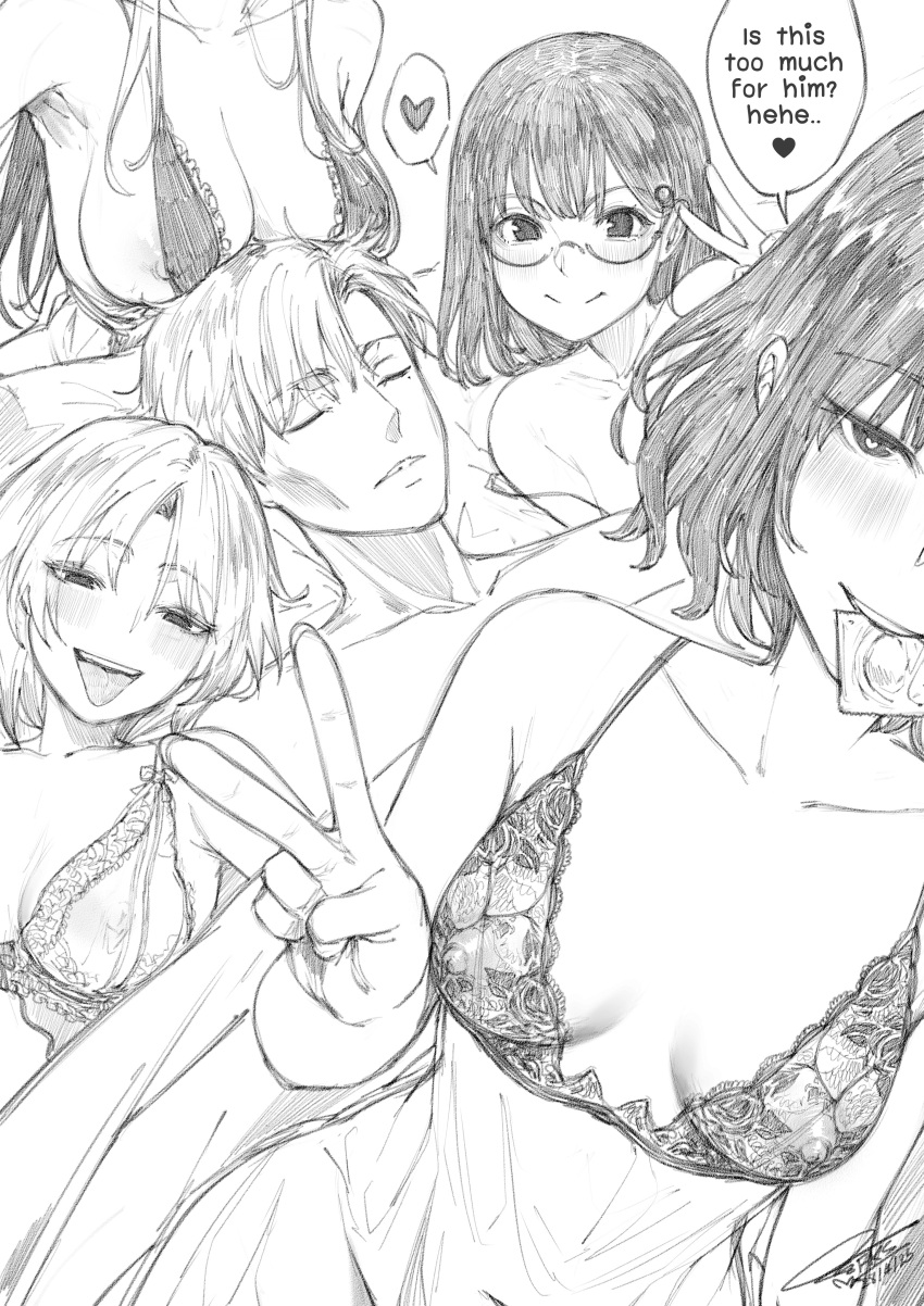 1boy 4girls absurdres babydoll bra breast_rest breasts breasts_on_head commentary condom condom_in_mouth covered_navel covered_nipples dated english_text fkscrashing glasses greyscale guy_tired_after_sex_(meme) harem hetero highres large_breasts medium_breasts meme monochrome mouth_hold multiple_girls nipple_slip nipples original signature strap_slip sunken_cheeks tongue tongue_out underwear