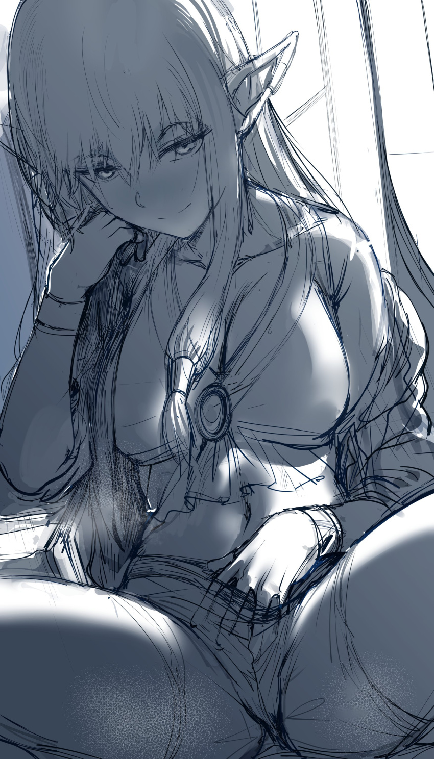 1girl absurdres breasts brooch cleavage commentary english_commentary greyscale hair_tubes hand_up hews highres jewelry long_hair looking_at_viewer monochrome navel robe serie_(sousou_no_frieren) shorts sidelighting sitting sketch smile solo sousou_no_frieren spread_legs thighs unfinished