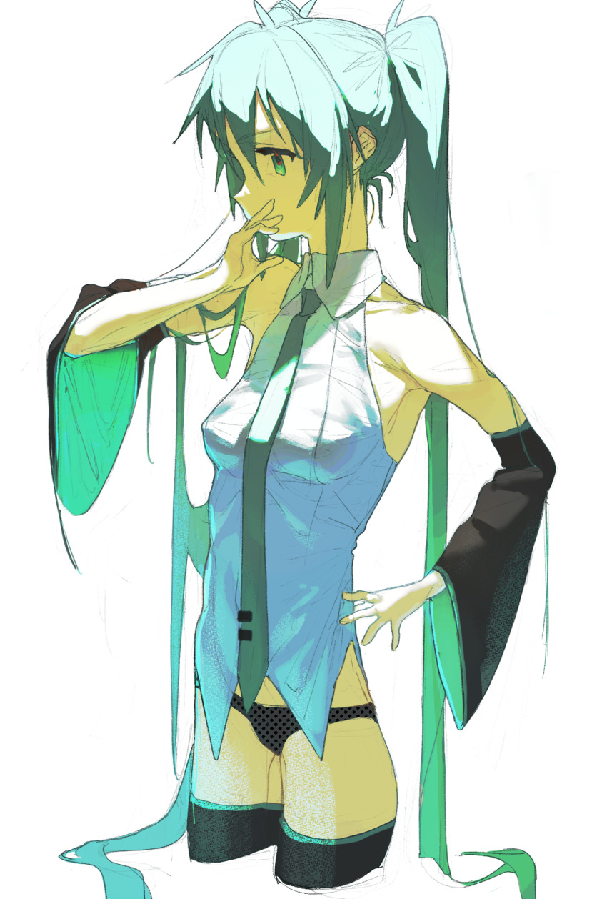 1girl blue_eyes breasts collared_shirt covering_own_mouth cpompvjde54svc1 cropped_legs detached_sleeves green_hair hand_on_own_hip hatsune_miku highres long_hair long_sleeves looking_to_the_side necktie panties shirt sleeveless sleeveless_shirt small_breasts solo twintails underwear very_long_hair vocaloid