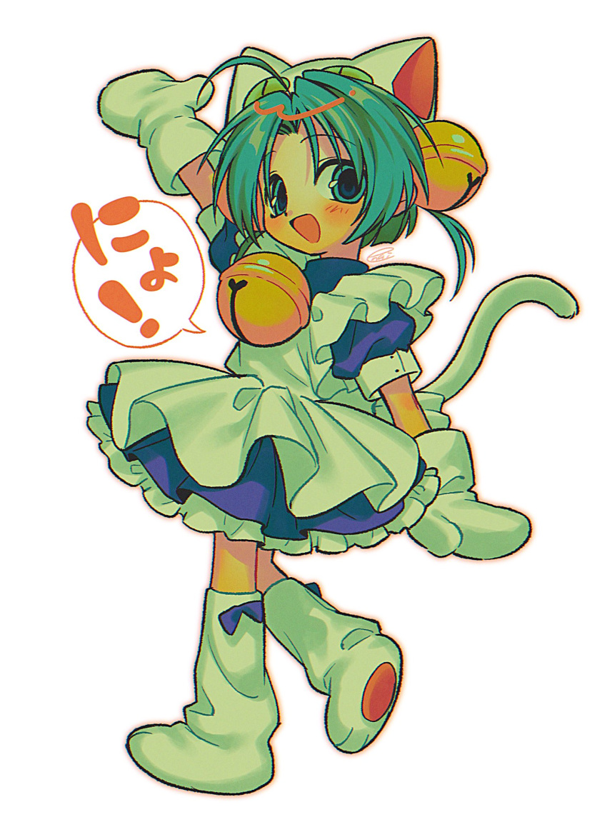 1girl :d ahoge animal_ears animal_hat apron aqua_eyes aqua_hair arm_at_side arm_up bell blue_bow blue_dress blush bow cat_ears cat_girl cat_hat cat_tail commentary_request dejiko di_gi_charat dress footwear_bow gloves hair_bell hair_ornament hat highres jingle_bell maid_apron menma_(enaic31) neck_bell open_mouth parted_bangs paw_shoes puffy_short_sleeves puffy_sleeves short_hair short_sleeves smile solo speech_bubble standing standing_on_one_leg tail translation_request white_apron white_background white_footwear white_gloves white_hat white_tail